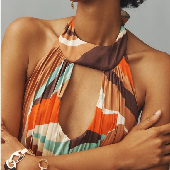 Anthropologie Hutch Halter Pleated Swing Mini Dress Brown Pattern Size Large NWT - Picture 3 of 13